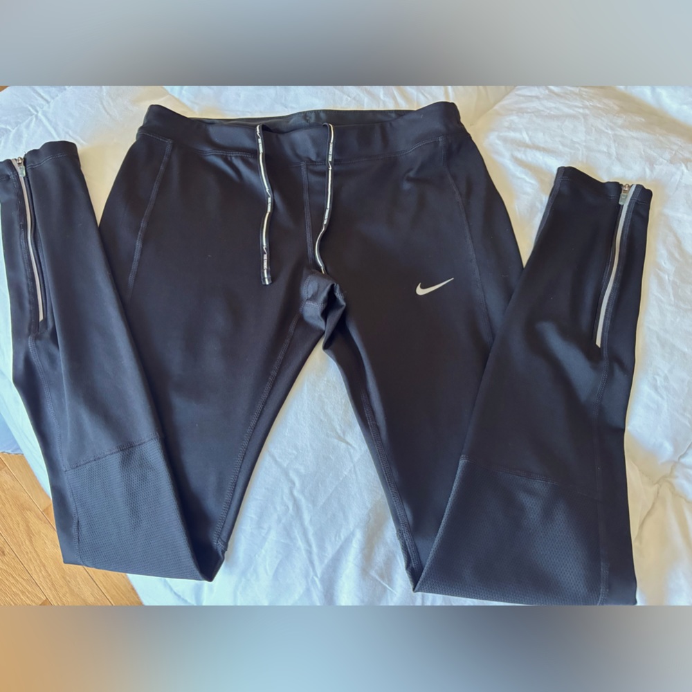 NIKE Dri-Fit Women’s Running Pants Black Sz M Ankle Zip Back Pocket Inside Tie